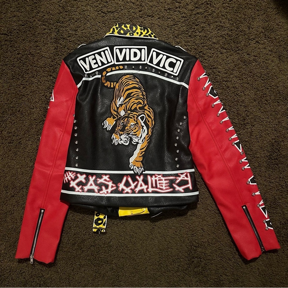 AKIRA Black, Red, and Yellow Azalea Wang Leather Jacket